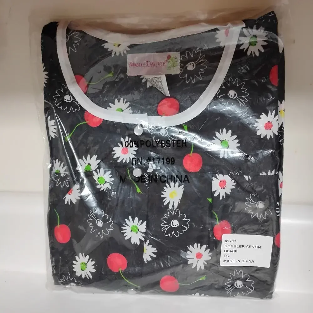 🍒🌼Snap Front Cobbler Apron🧑🏻‍🍳 Cherries Floral Daisies Large Black Red